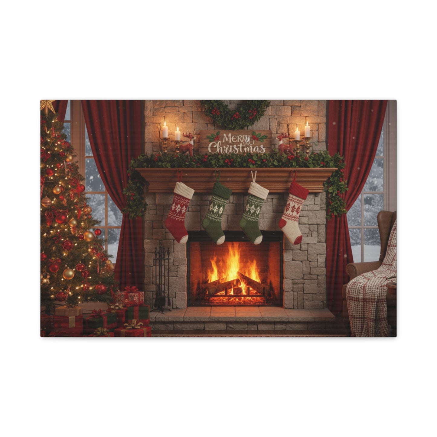 Christmas Fireplace Canvas Wall Art — 'Merry Christmas' Holiday Mantel Scene