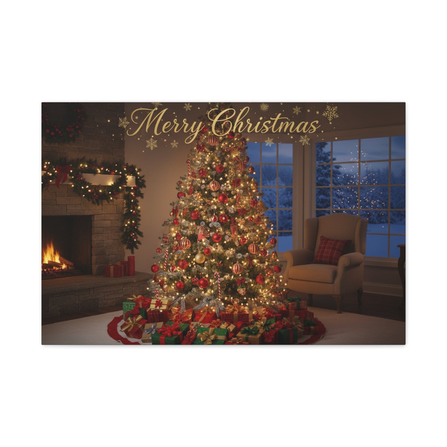 Merry Christmas Holiday Canvas Wall Art — Festive Living Room Christmas Tree Print