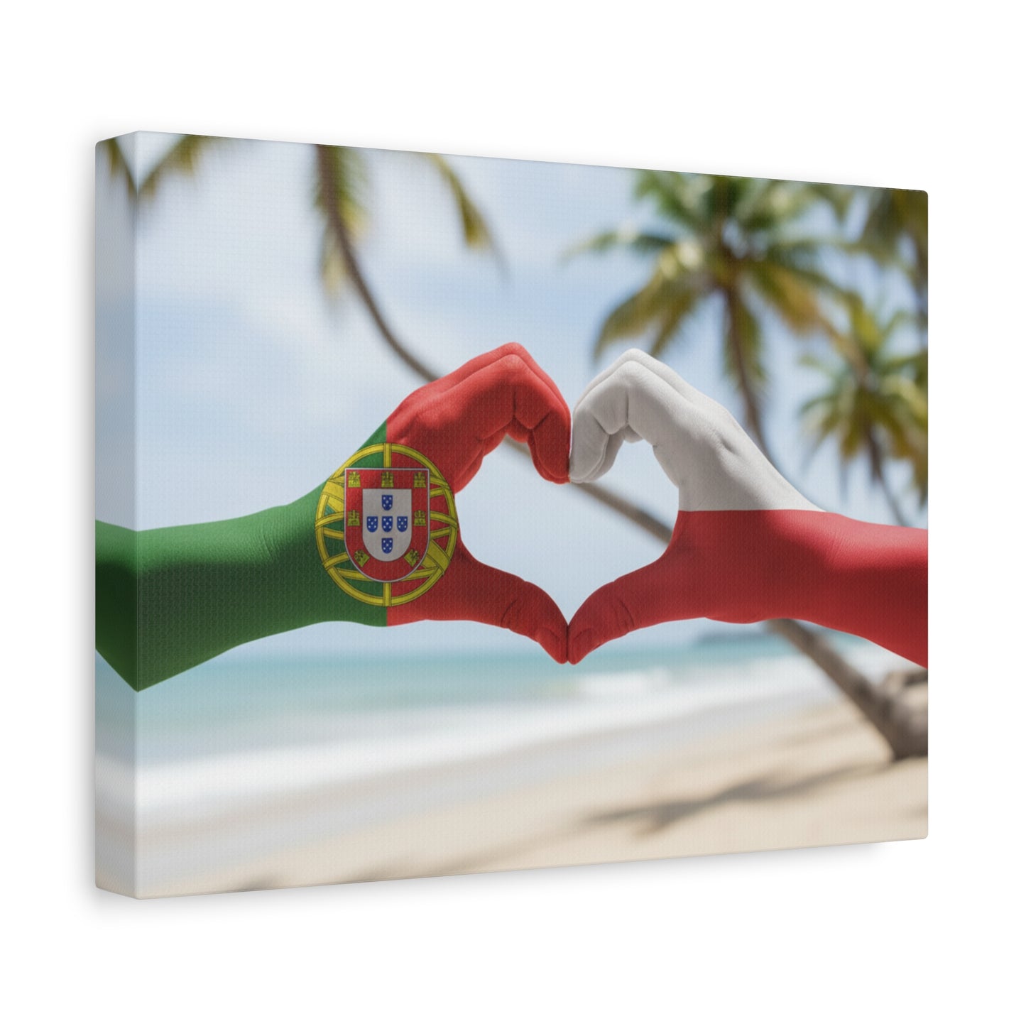 Portugal & Polish Flag Heart Canvas Print — Beach-Inspired Matte Stretched Wall Art