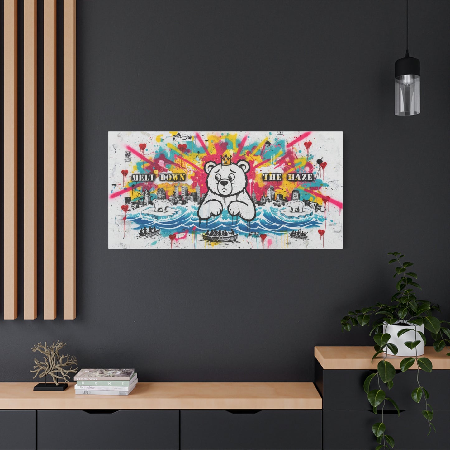 Graffiti Teddy Bear Canvas Art — "Melt Down the Haze" Stretched Matte Print