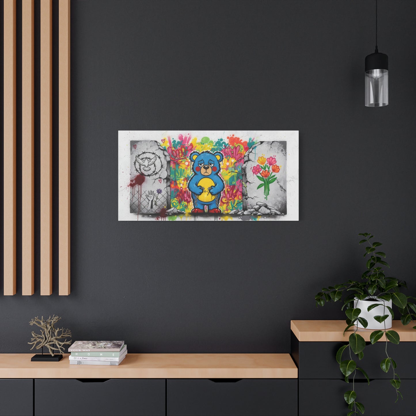 Graffiti Blue Bear Matte Canvas Print — Urban Street Art Wall Decor