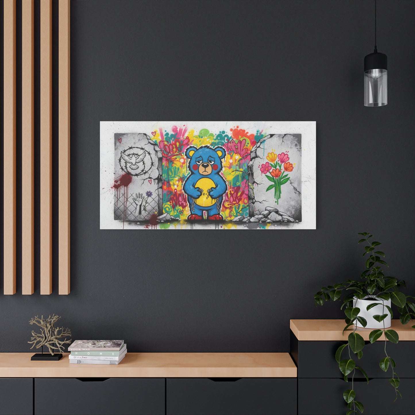 Graffiti Blue Bear Matte Canvas Print — Urban Street Art Wall Decor