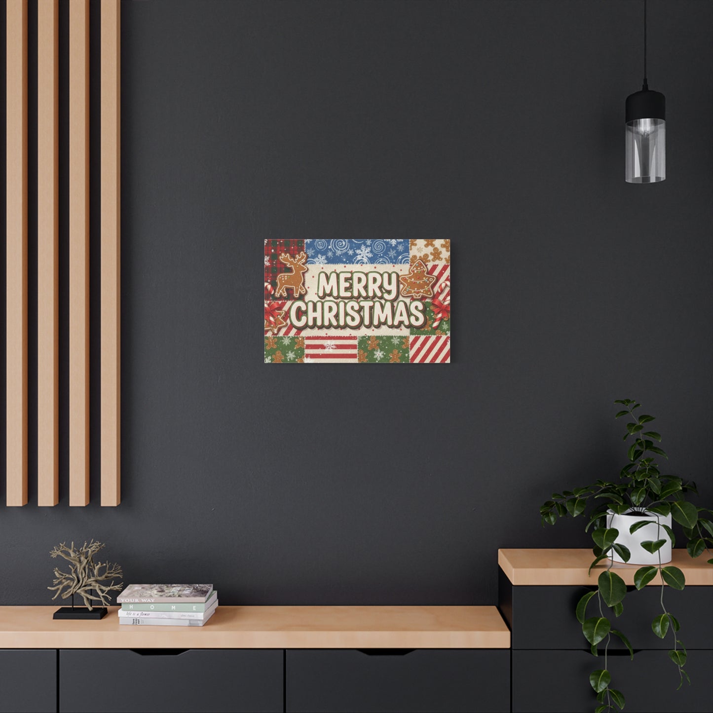 Merry Christmas Holiday Patchwork Canvas Wall Art — Festive Gingerbread & Reindeer