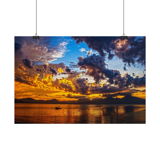 Sunset Over Lake Rolled Poster — Dramatic Golden Sky Photography Wall Art