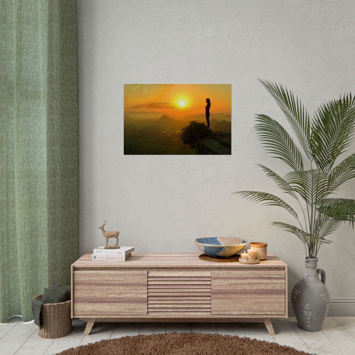 Sunrise Peak Silhouette Rolled Poster — Woman on Mountain Sunrise Wall Art