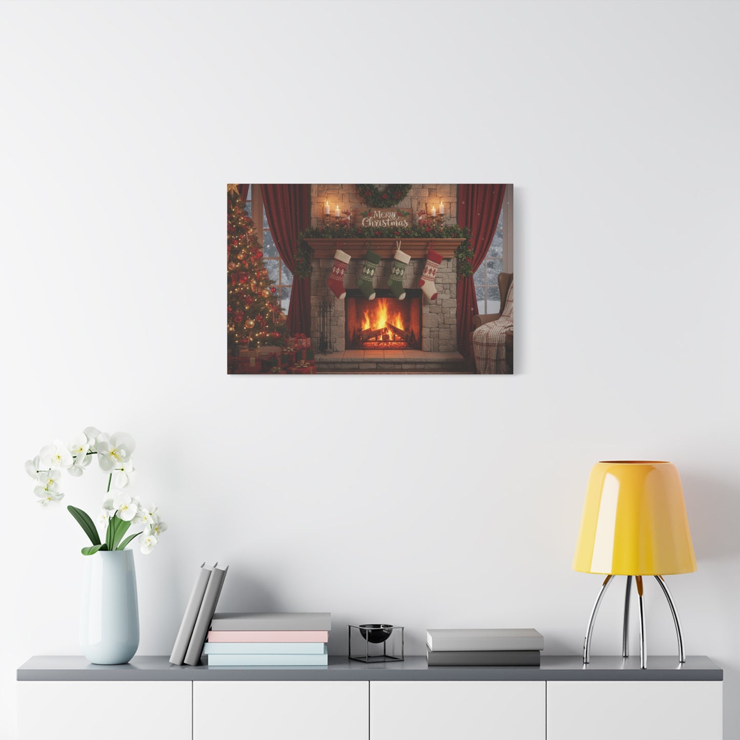 Christmas Fireplace Canvas Wall Art — 'Merry Christmas' Holiday Mantel Scene