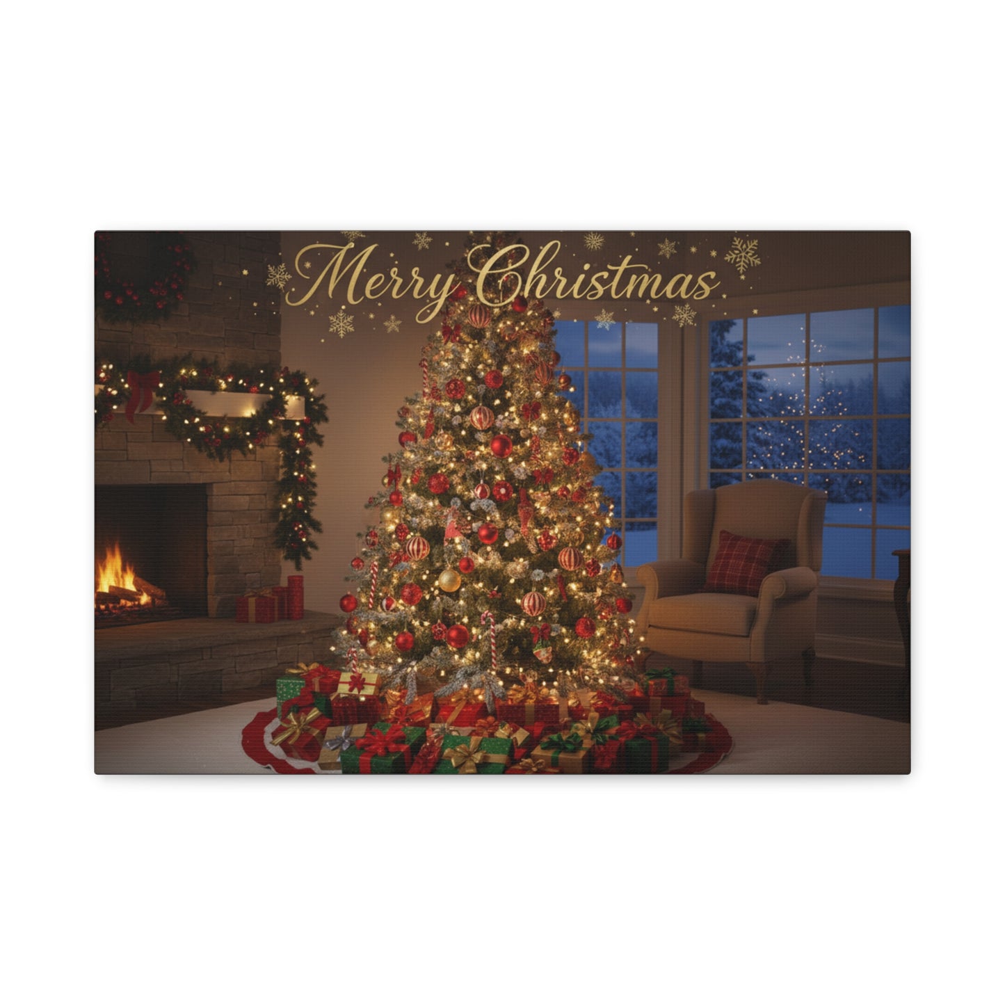 Merry Christmas Holiday Canvas Wall Art — Festive Living Room Christmas Tree Print