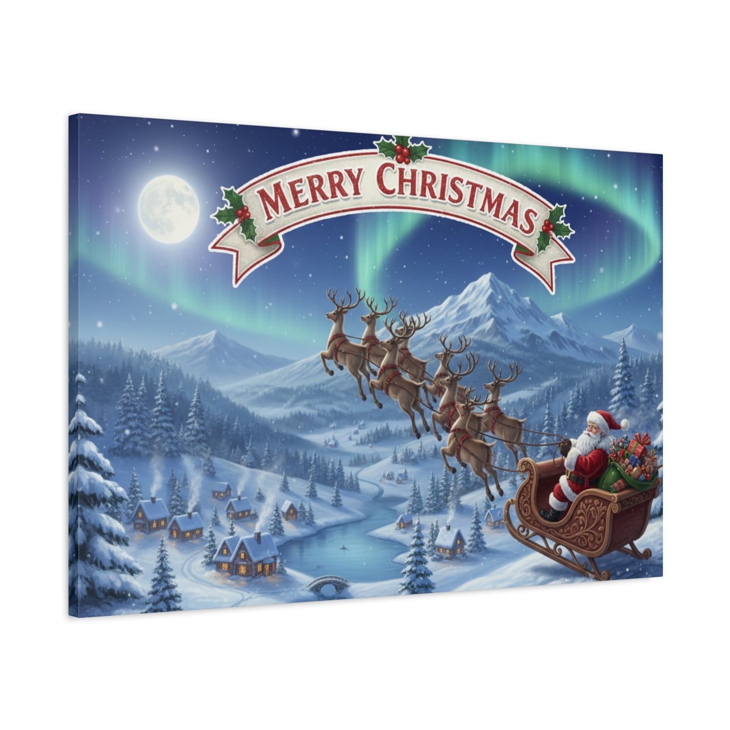 Merry Christmas Canvas Wall Art — Santa Sleigh over Snowy Village