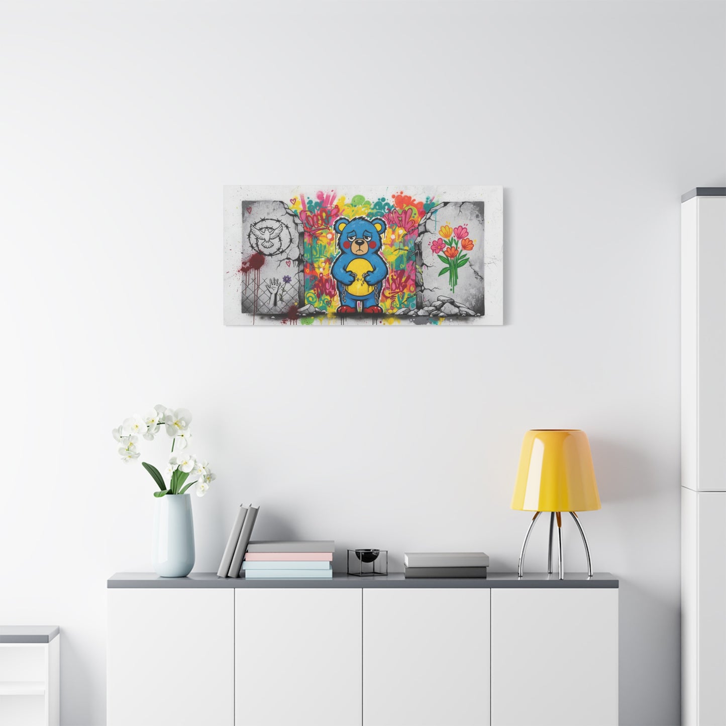 Graffiti Blue Bear Matte Canvas Print — Urban Street Art Wall Decor