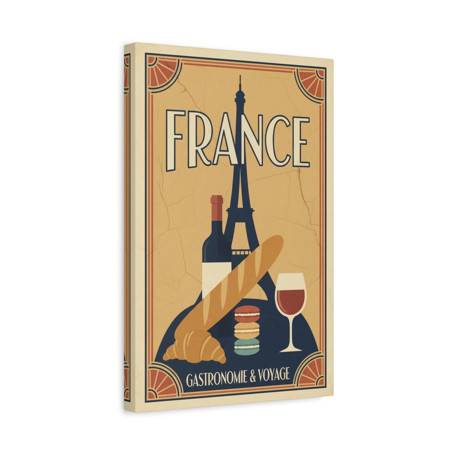 France Travel Poster Canvas - Vintage Eiffel Tower, Baguette & Wine Wall Art