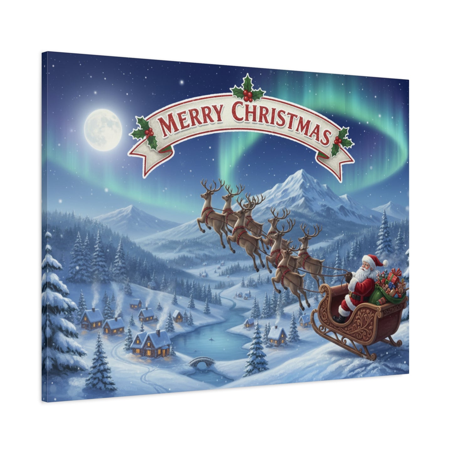 Merry Christmas Canvas Wall Art — Santa Sleigh over Snowy Village