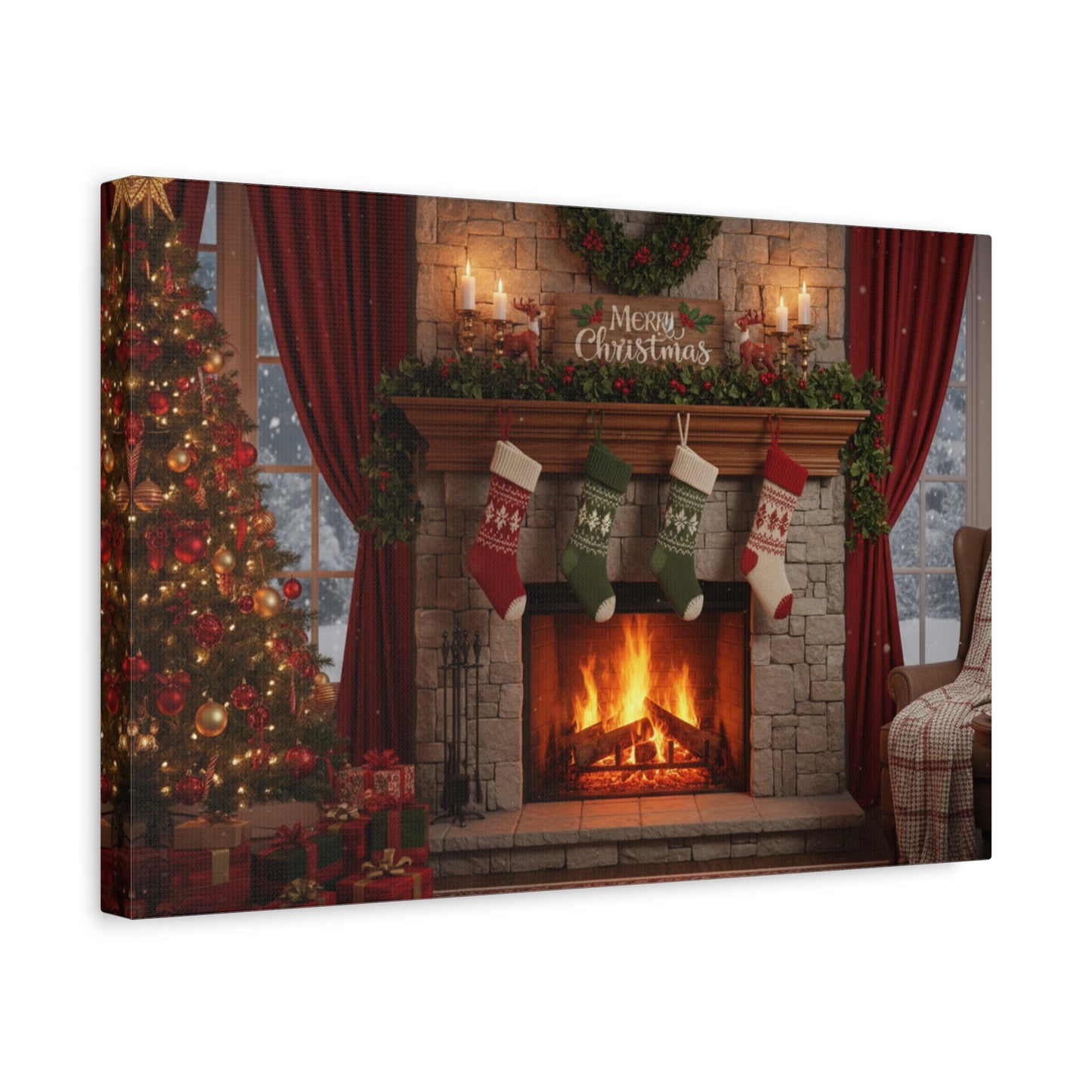 Christmas Fireplace Canvas Wall Art — 'Merry Christmas' Holiday Mantel Scene