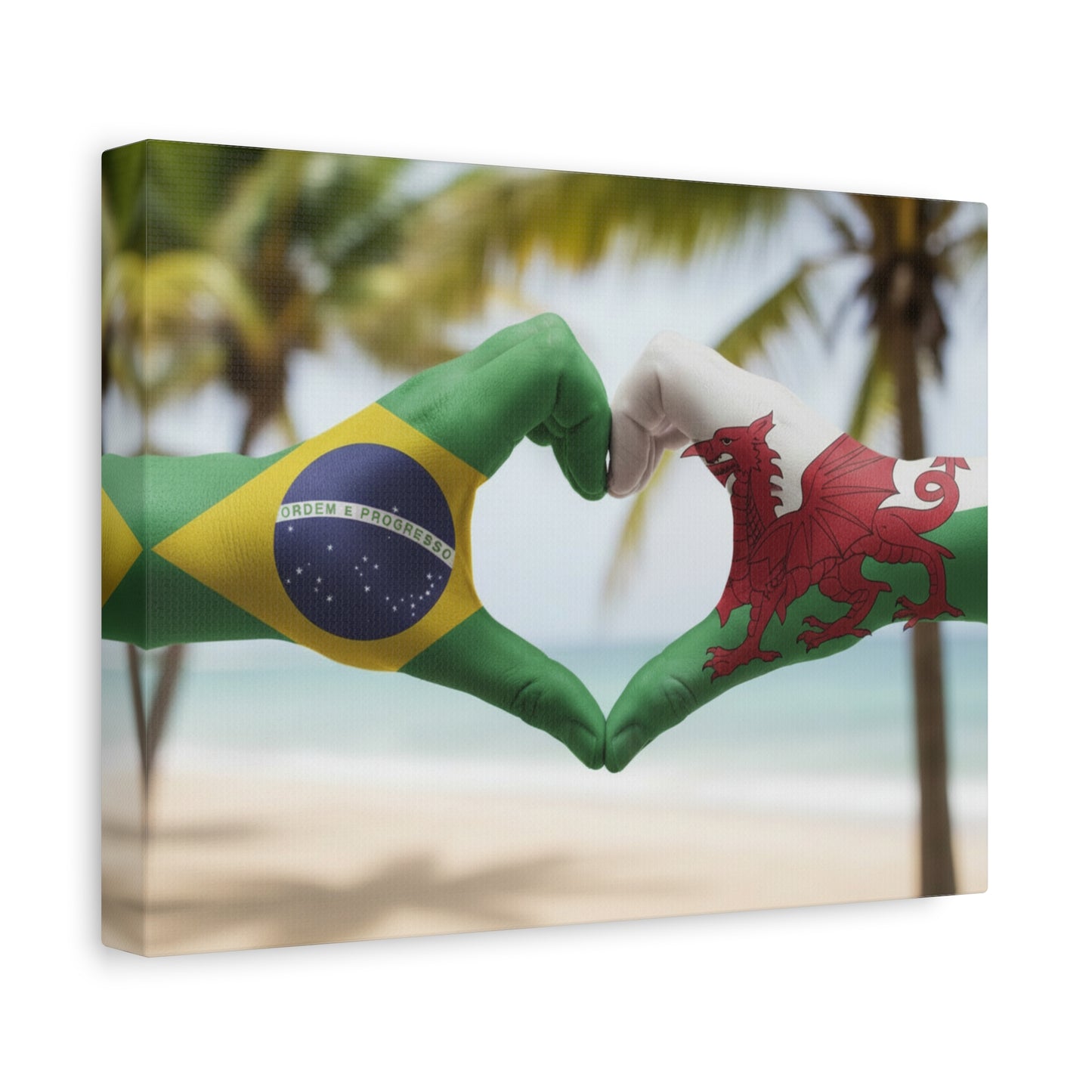 Brazil & Wales Flag Heart Matte Canvas Wall Art — Romantic Beach Pride Decor