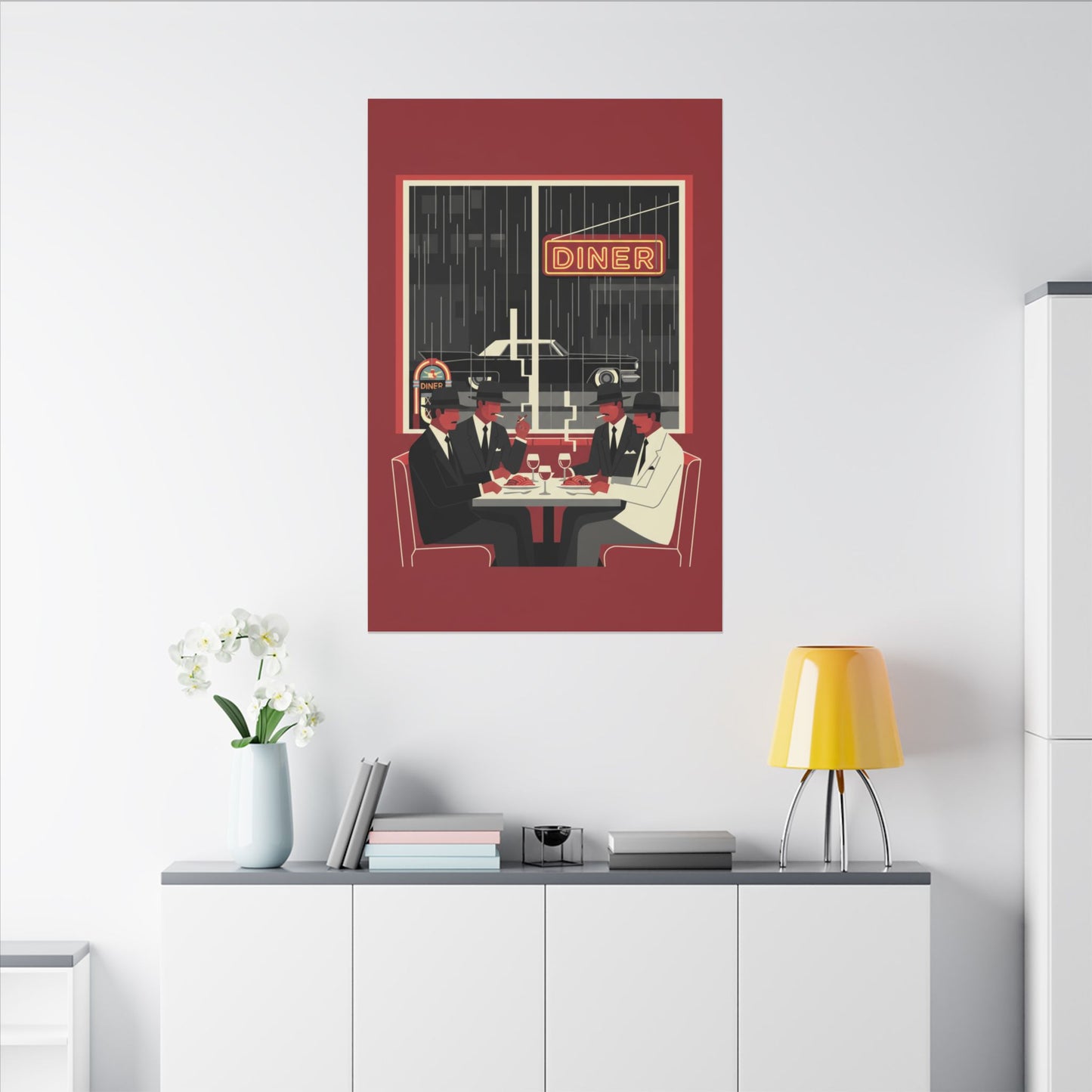Retro Diner Canvas Print Vintage Rainy Night Illustration