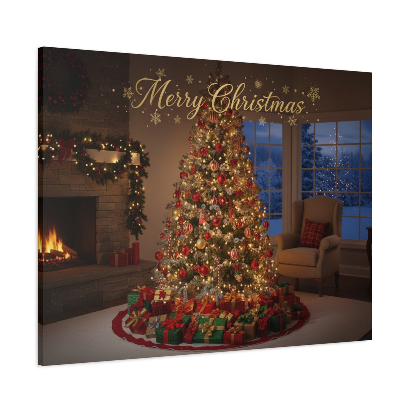Merry Christmas Holiday Canvas Wall Art — Festive Living Room Christmas Tree Print