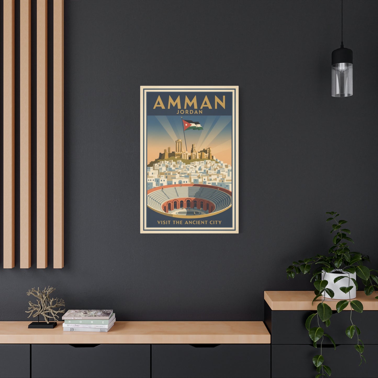 Amman Jordan Vintage Travel Canvas – "Visit the Ancient City" Stretched Wall Art