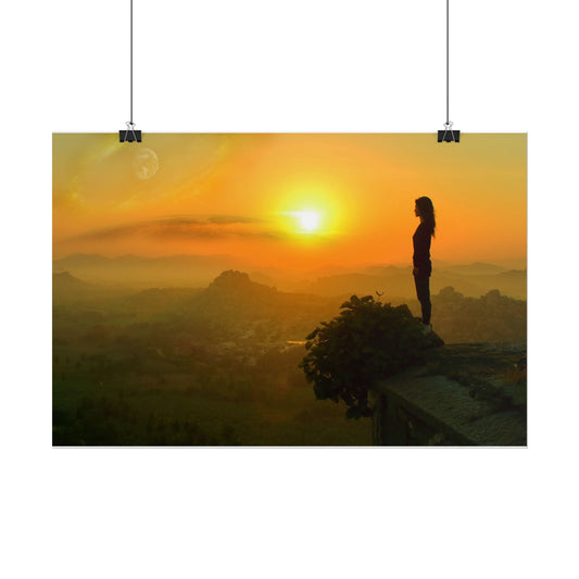 Sunrise Peak Silhouette Rolled Poster — Woman on Mountain Sunrise Wall Art