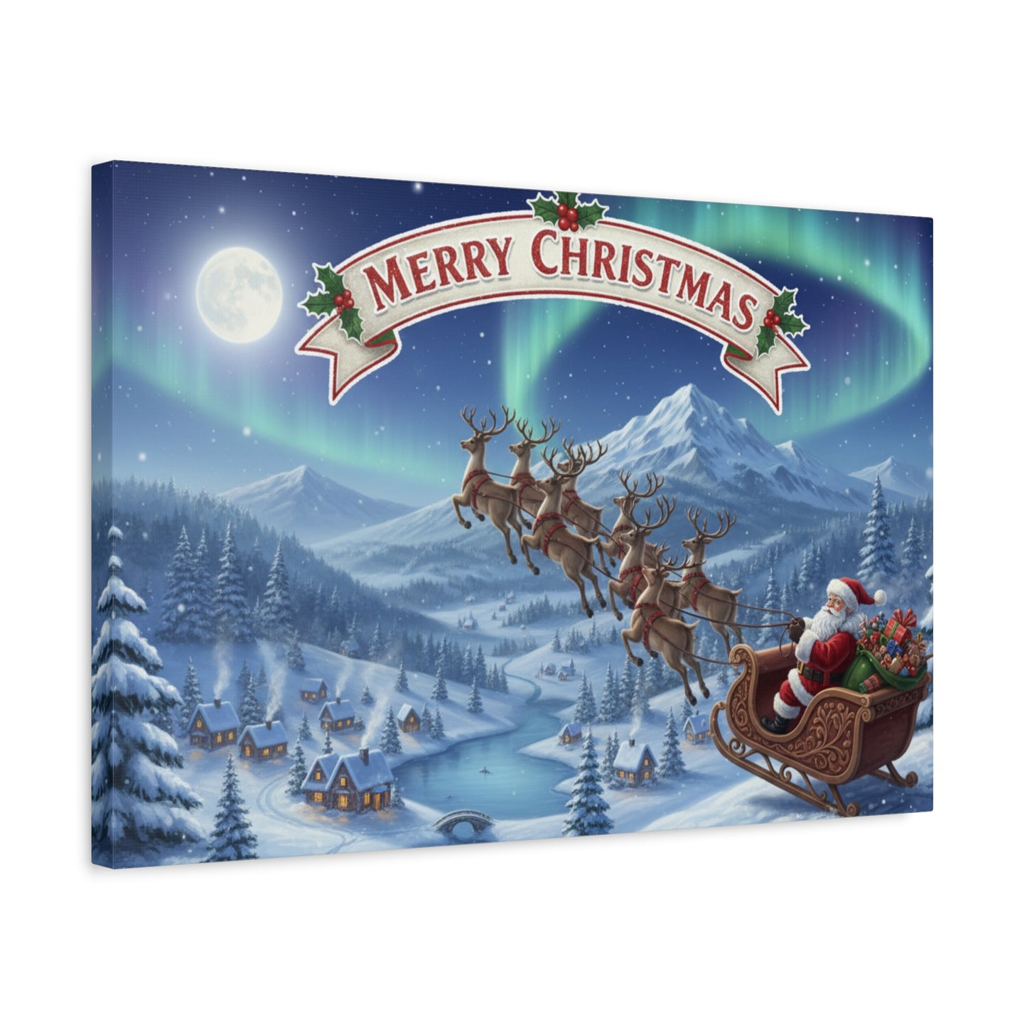 Merry Christmas Canvas Wall Art — Santa Sleigh over Snowy Village