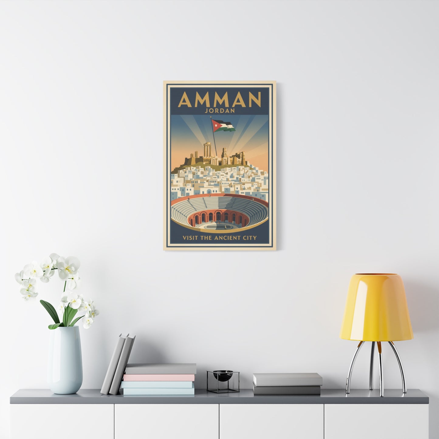 Amman Jordan Vintage Travel Canvas – "Visit the Ancient City" Stretched Wall Art