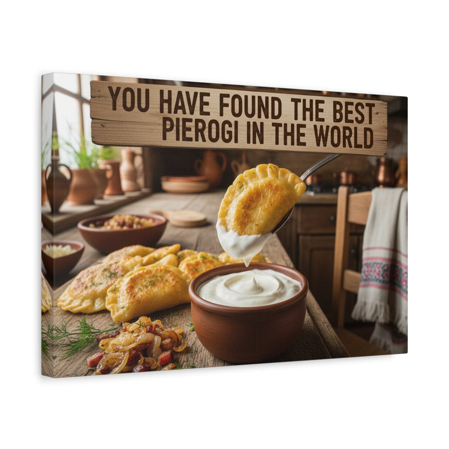 Pierogi Kitchen Canvas Wall Art — Rustic Food Canvas with Sour Cream Dip