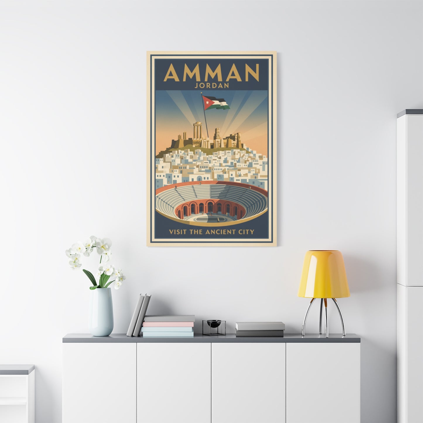 Amman Jordan Vintage Travel Canvas – "Visit the Ancient City" Stretched Wall Art