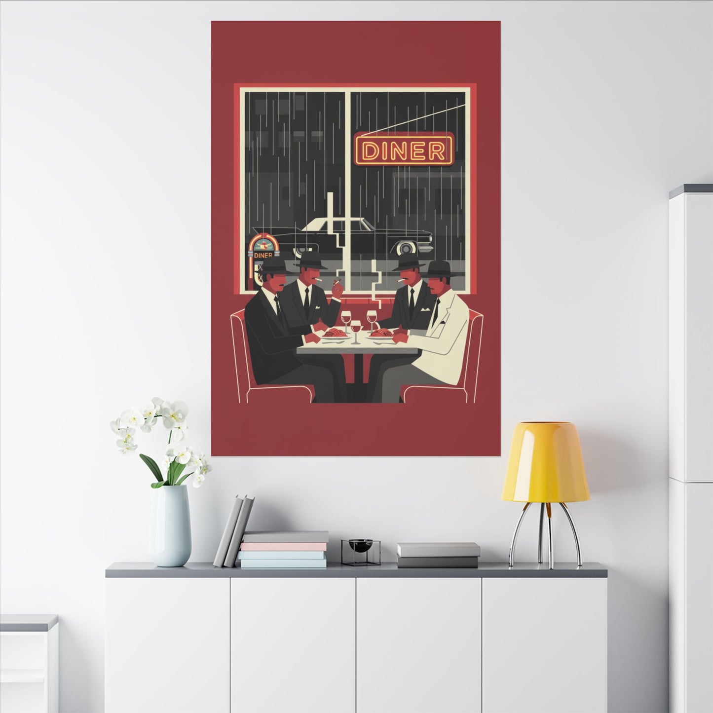 Retro Diner Canvas Print Vintage Rainy Night Illustration