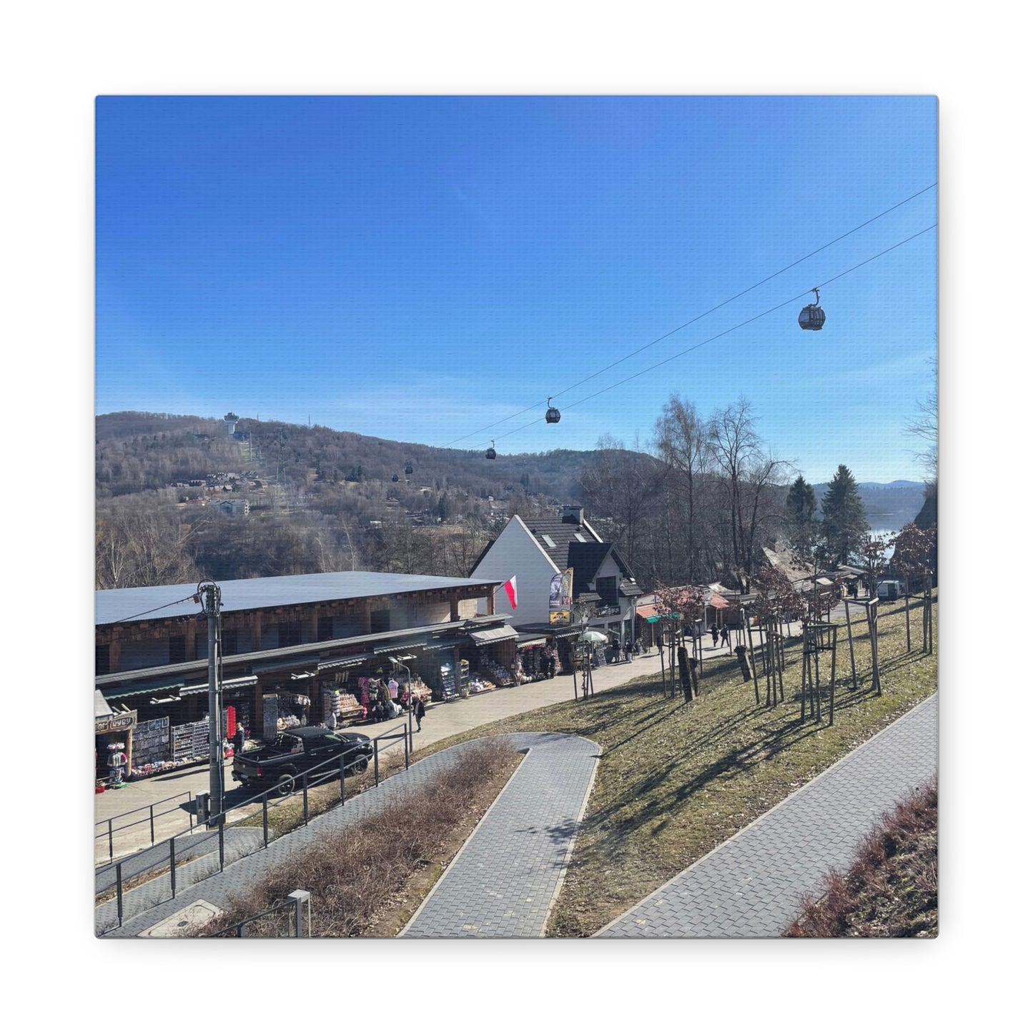 Resort Gondola Matte Canvas Wall Art — Mountain Village Landscape Print