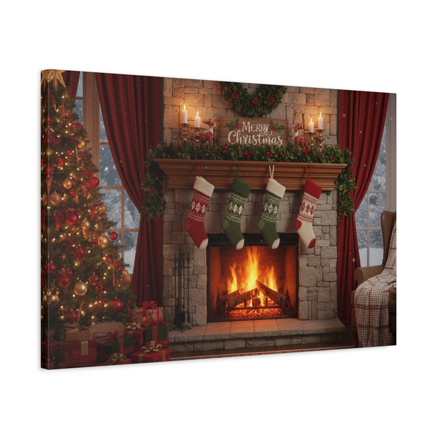 Christmas Fireplace Canvas Wall Art — 'Merry Christmas' Holiday Mantel Scene