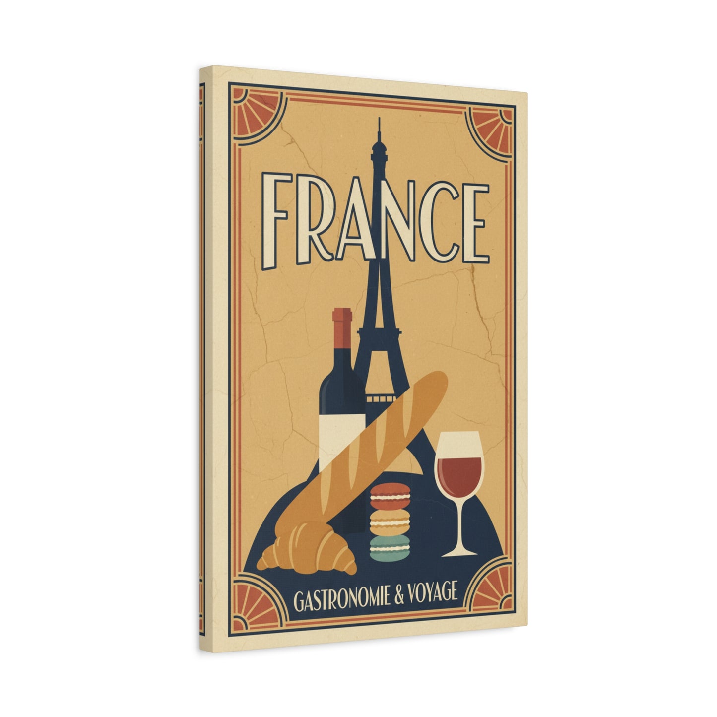 France Travel Poster Canvas - Vintage Eiffel Tower, Baguette & Wine Wall Art