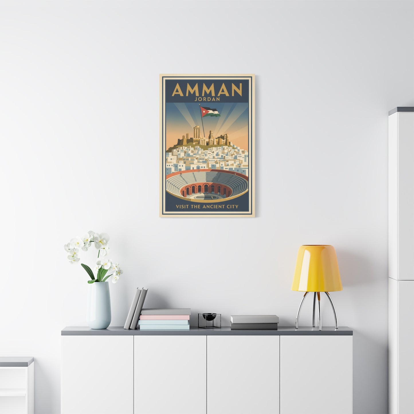 Amman Jordan Vintage Travel Canvas – "Visit the Ancient City" Stretched Wall Art