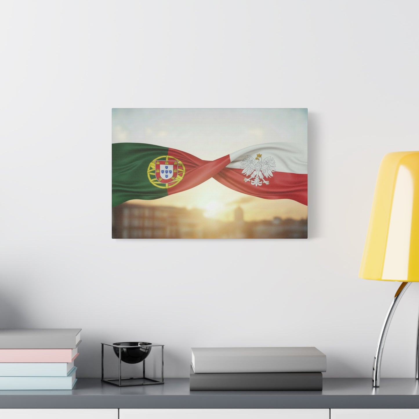 Portugal & Poland Flags Canvas Wall Art — Dual-Nation Sunset Matte Canvas
