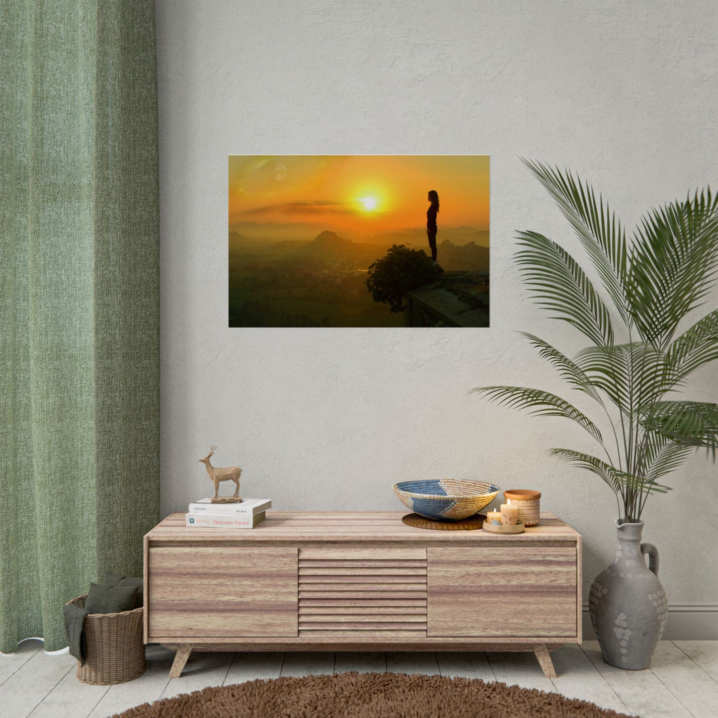 Sunrise Peak Silhouette Rolled Poster — Woman on Mountain Sunrise Wall Art