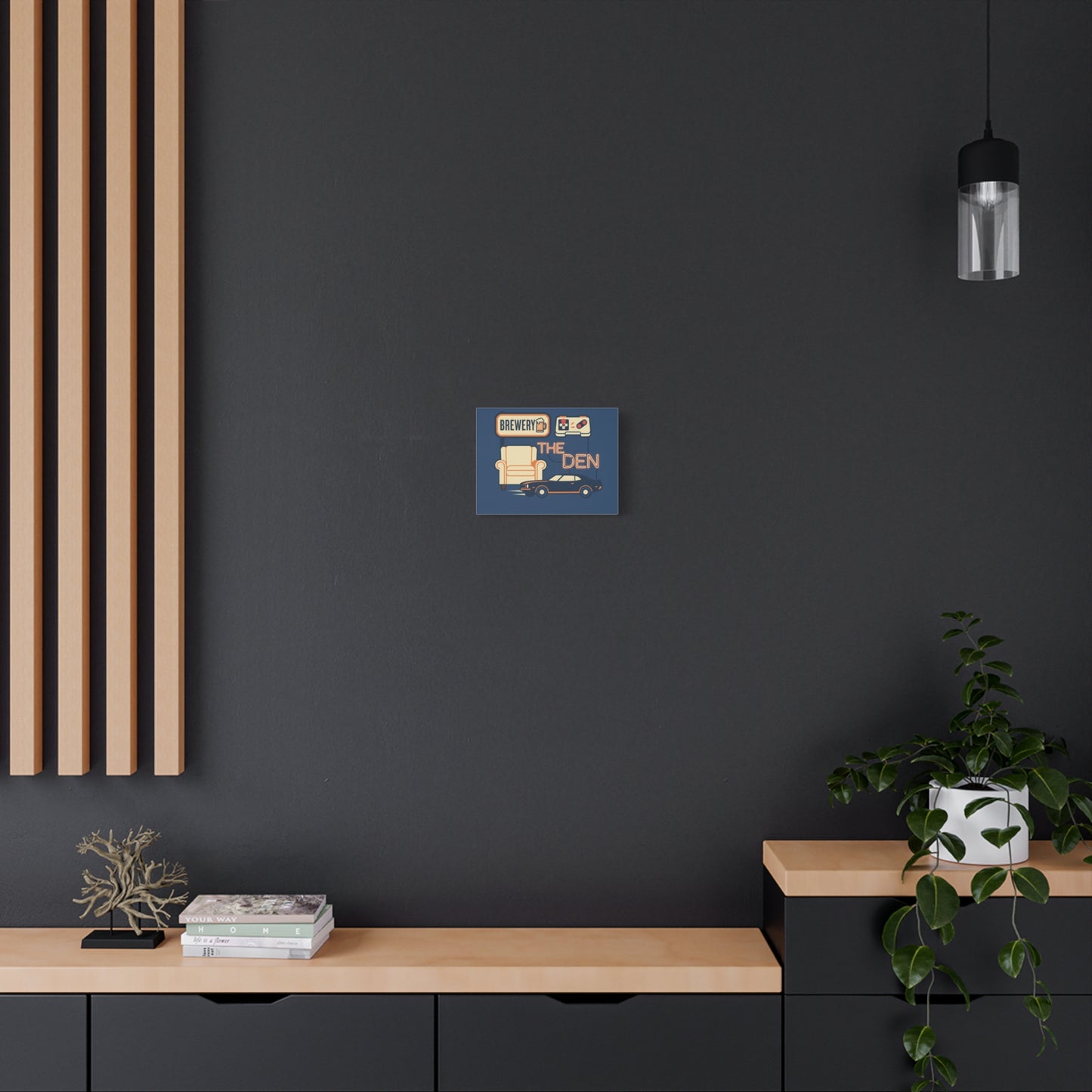 The Den Canvas Wall Art – Retro Brewery, Armchair & Classic Car Matte Print