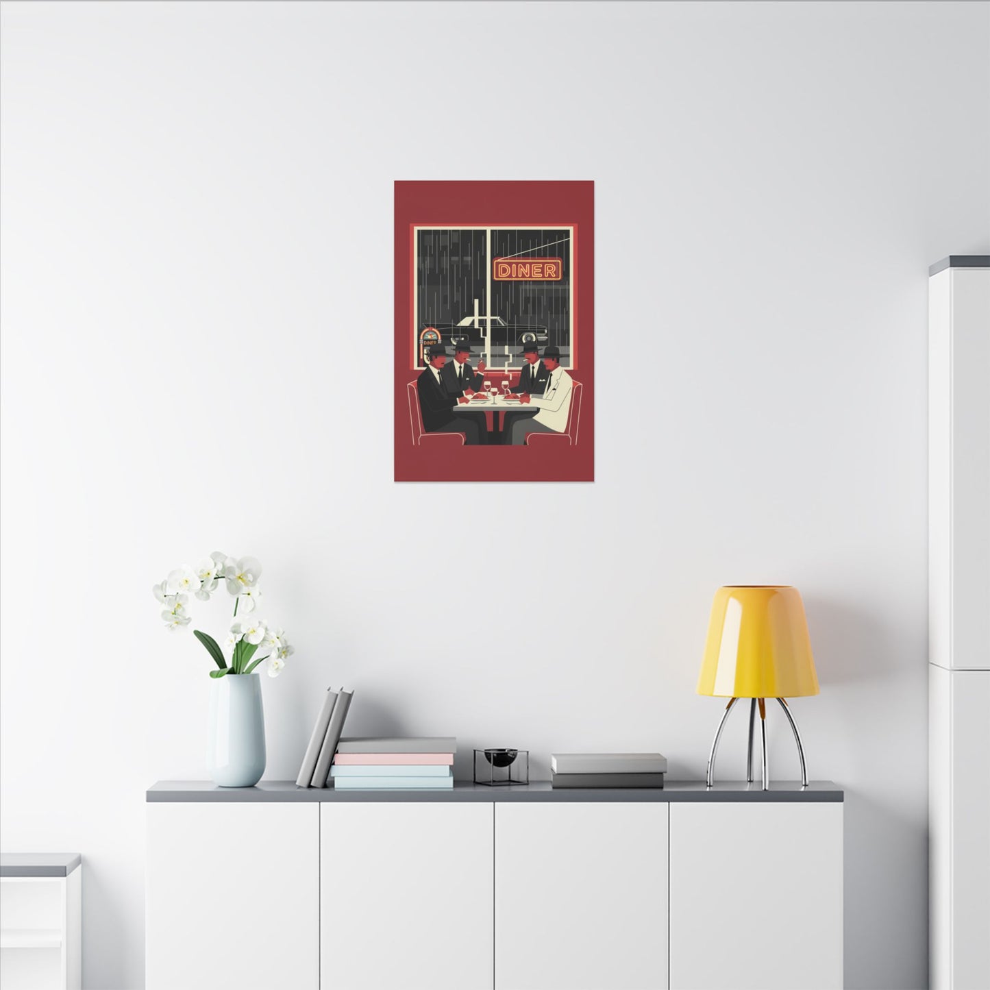 Retro Diner Canvas Print Vintage Rainy Night Illustration