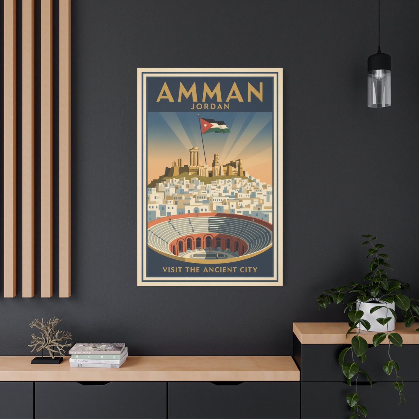 Amman Jordan Vintage Travel Canvas – "Visit the Ancient City" Stretched Wall Art