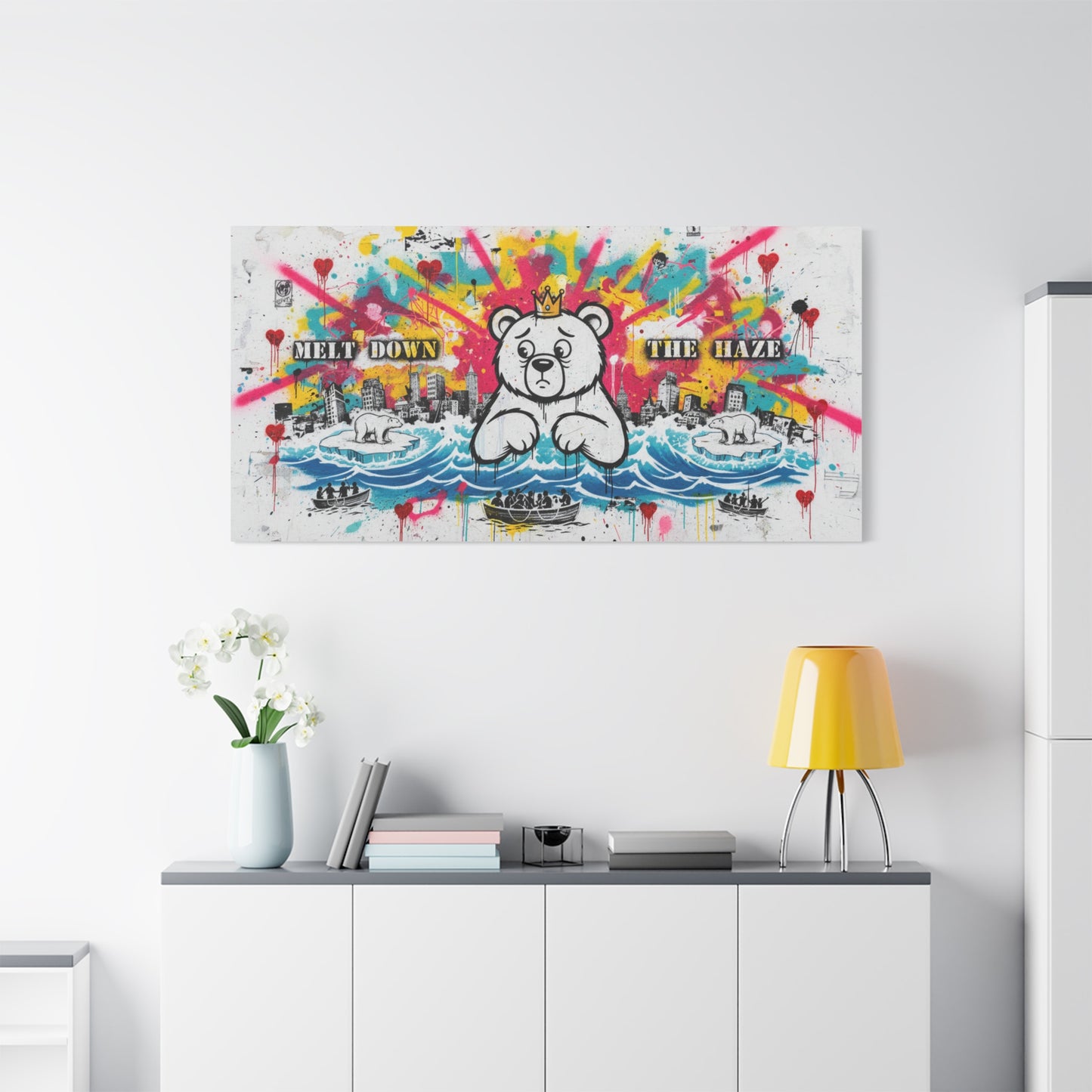 Graffiti Teddy Bear Canvas Art — "Melt Down the Haze" Stretched Matte Print