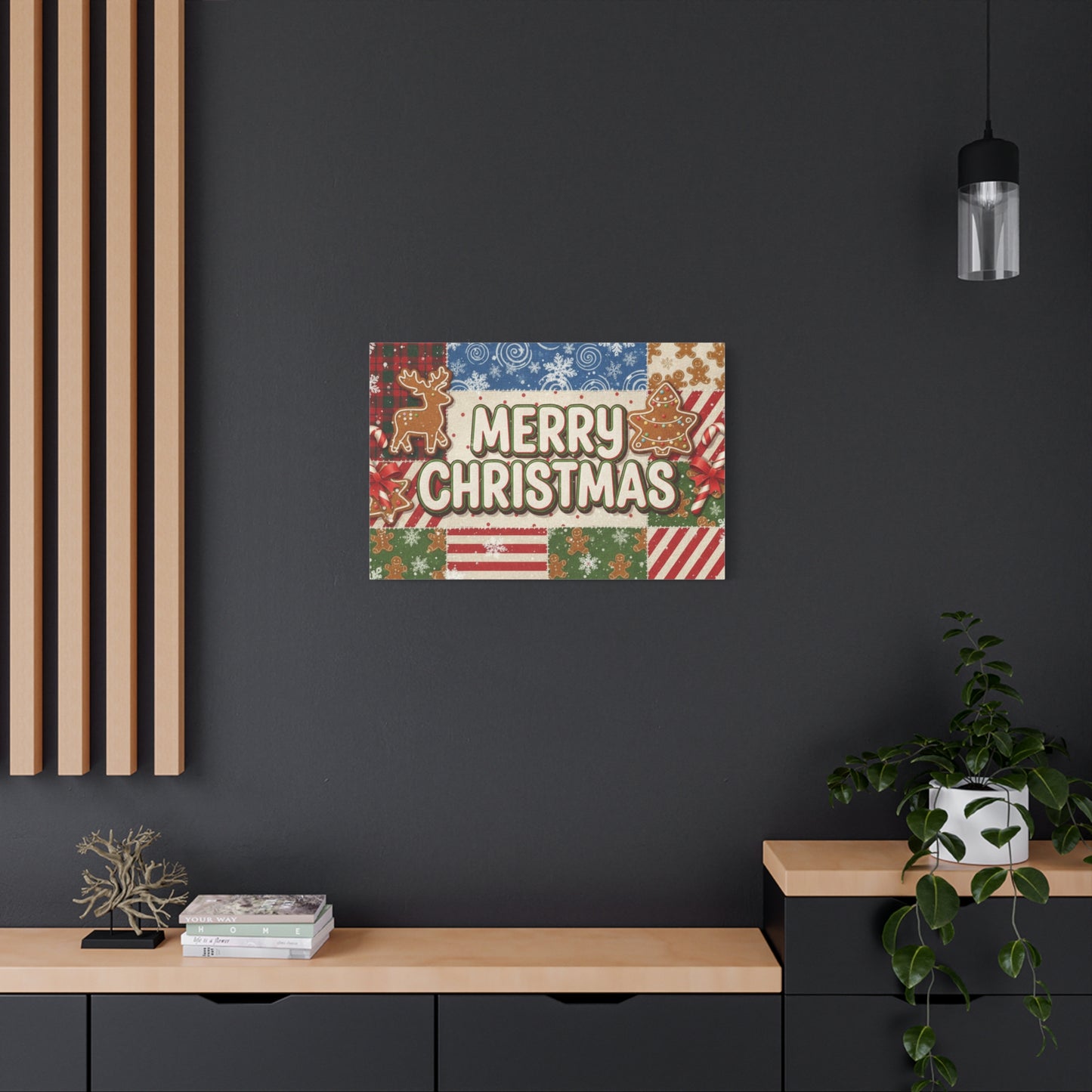 Merry Christmas Holiday Patchwork Canvas Wall Art — Festive Gingerbread & Reindeer