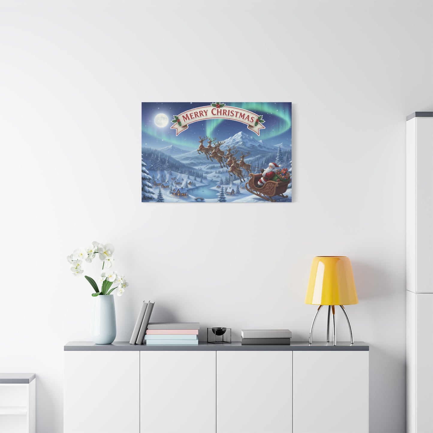 Merry Christmas Canvas Wall Art — Santa Sleigh over Snowy Village