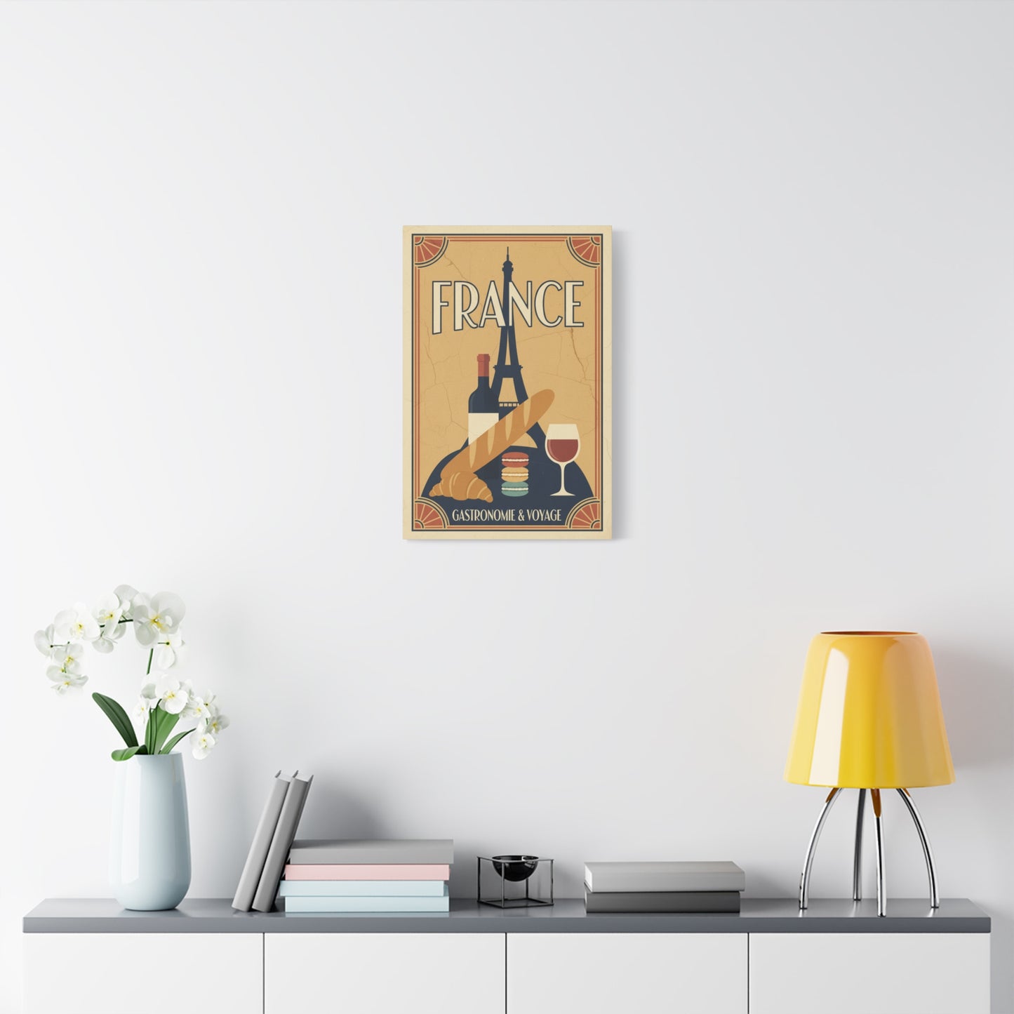 France Travel Poster Canvas - Vintage Eiffel Tower, Baguette & Wine Wall Art