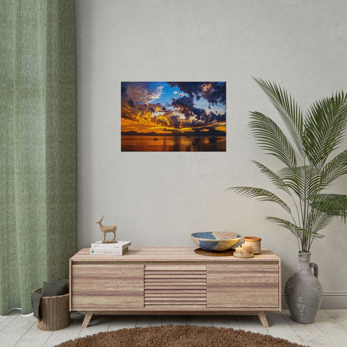 Sunset Over Lake Rolled Poster — Dramatic Golden Sky Photography Wall Art