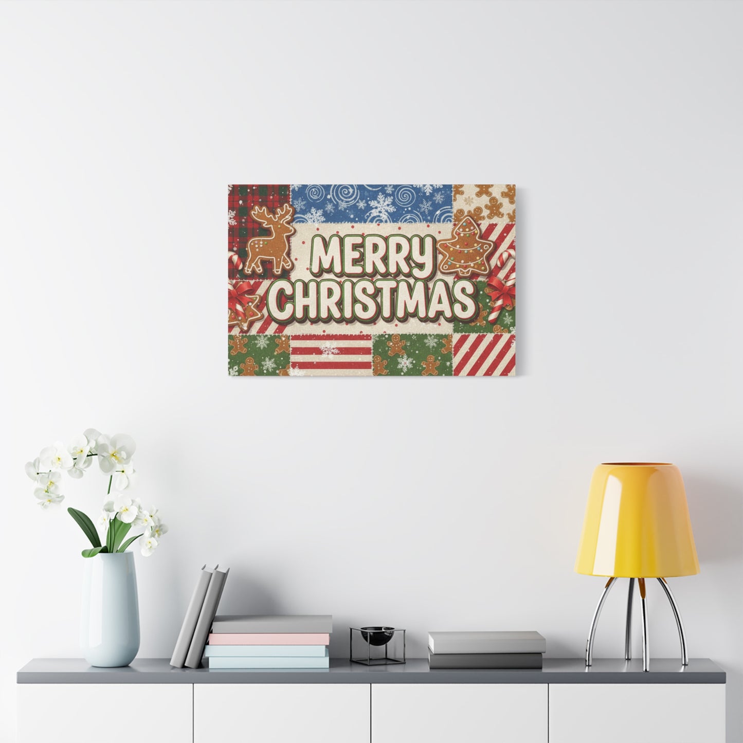 Merry Christmas Holiday Patchwork Canvas Wall Art — Festive Gingerbread & Reindeer