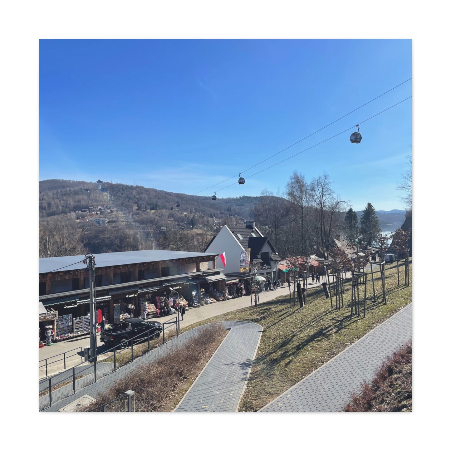 Resort Gondola Matte Canvas Wall Art — Mountain Village Landscape Print