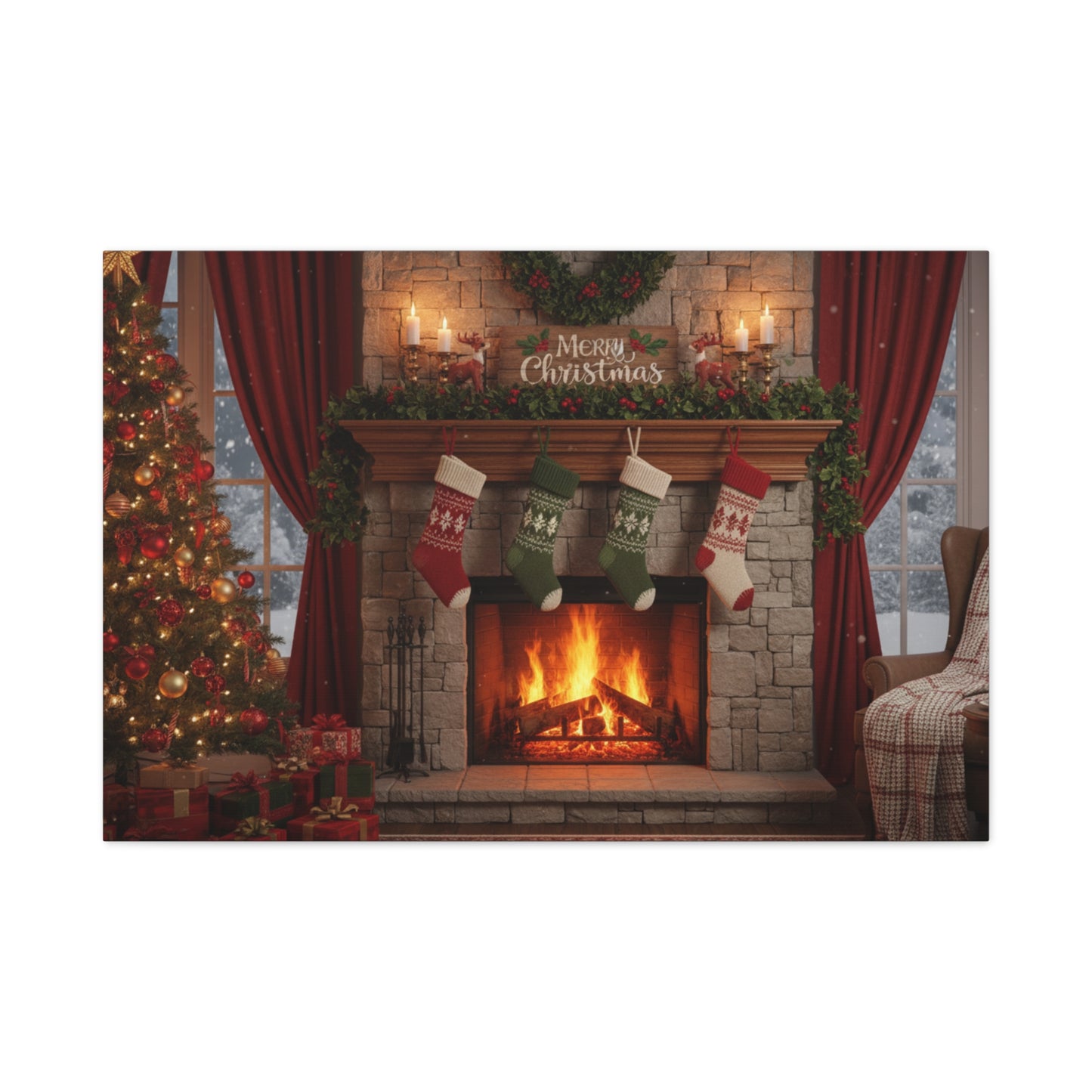 Christmas Fireplace Canvas Wall Art — 'Merry Christmas' Holiday Mantel Scene
