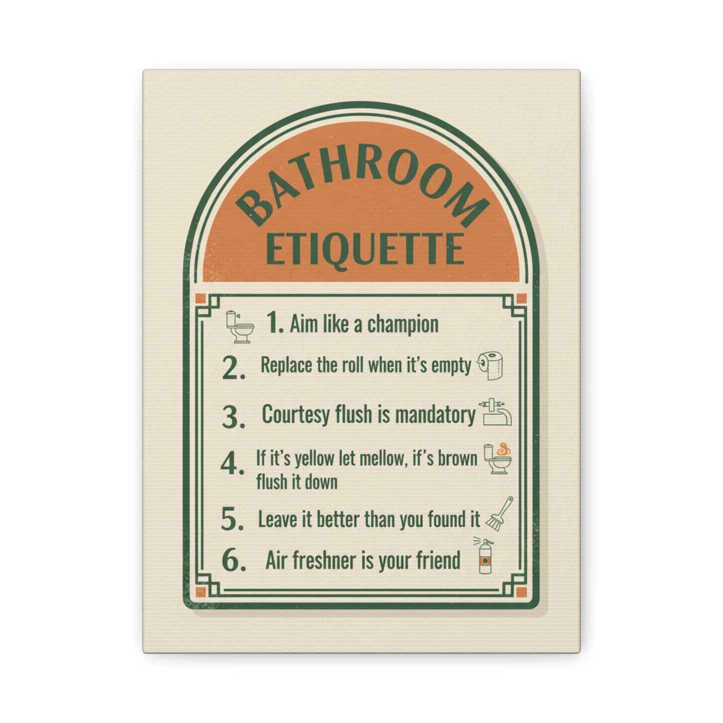 Bathroom Etiquette Canvas Wall Art – Retro Rules Sign for Powder Room