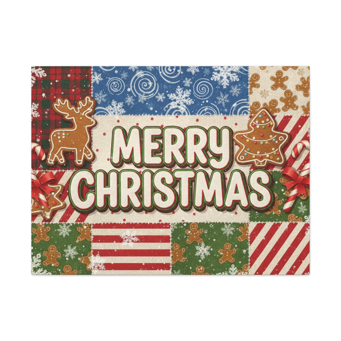 Merry Christmas Holiday Patchwork Canvas Wall Art — Festive Gingerbread & Reindeer