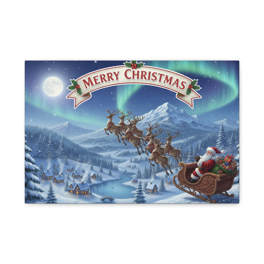 Merry Christmas Canvas Wall Art — Santa Sleigh over Snowy Village