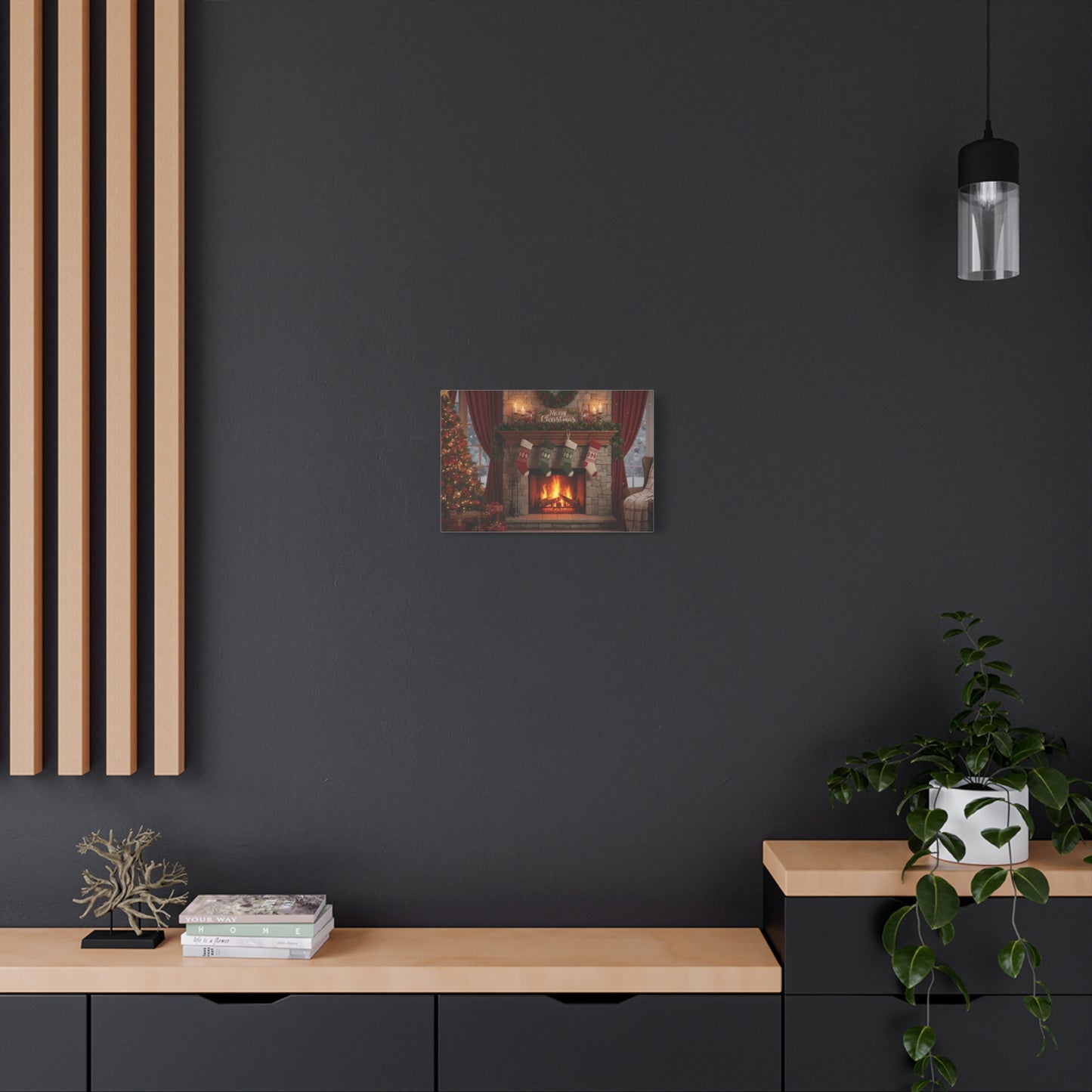 Christmas Fireplace Canvas Wall Art — 'Merry Christmas' Holiday Mantel Scene