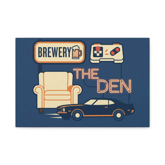 The Den Canvas Wall Art – Retro Brewery, Armchair & Classic Car Matte Print