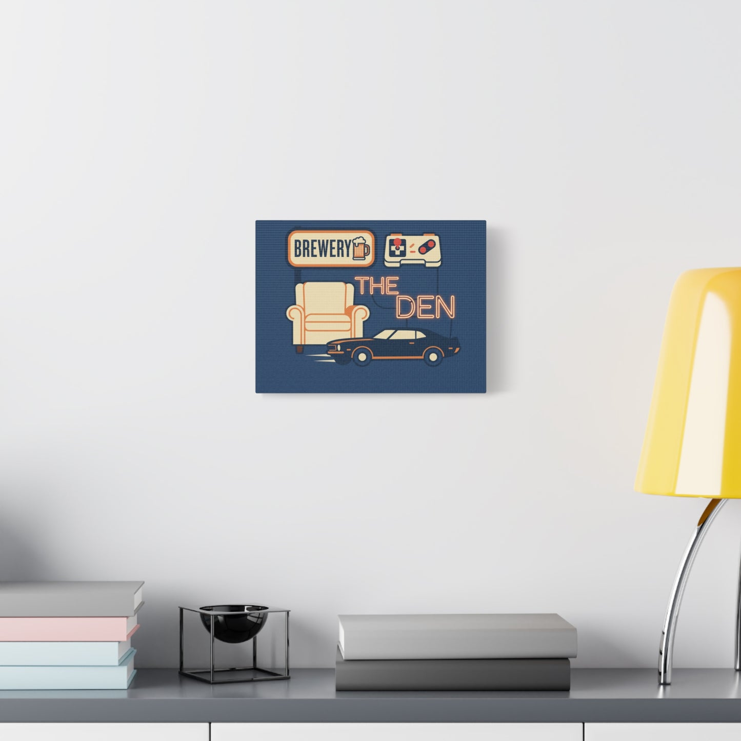 The Den Canvas Wall Art – Retro Brewery, Armchair & Classic Car Matte Print
