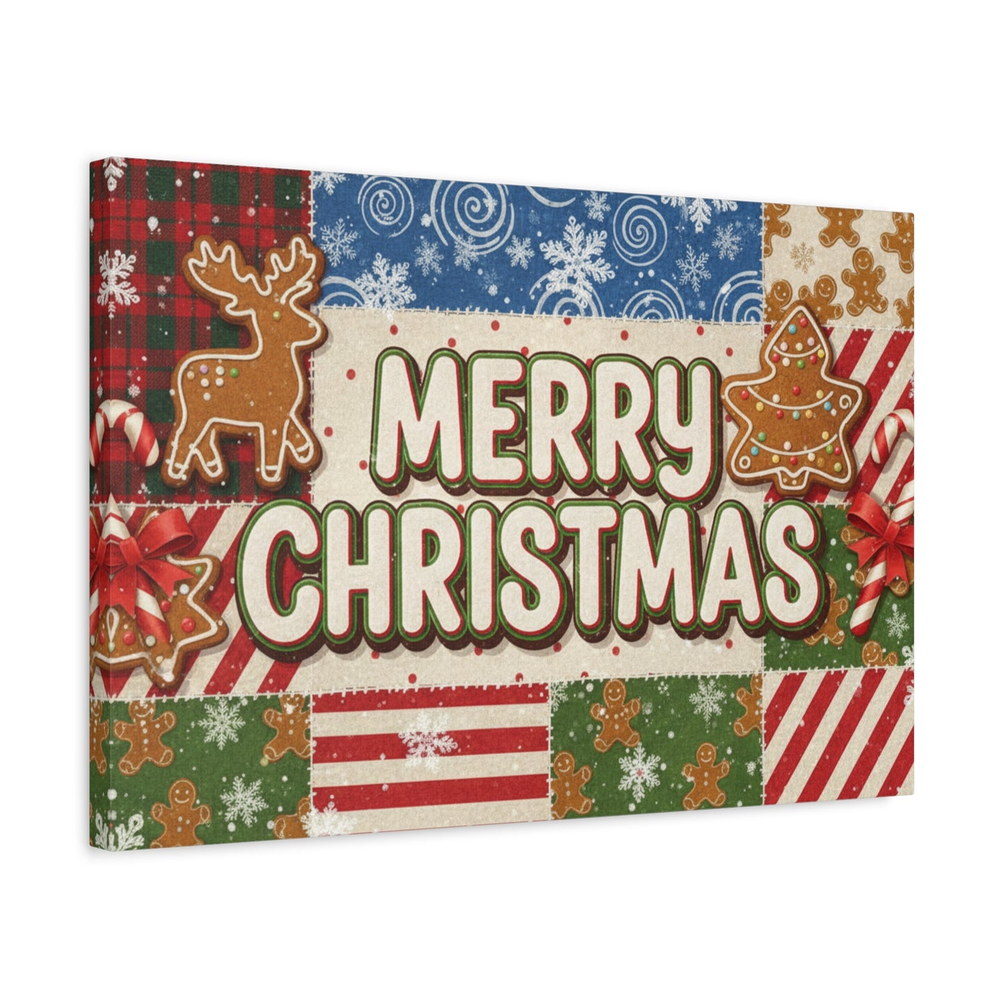 Merry Christmas Holiday Patchwork Canvas Wall Art — Festive Gingerbread & Reindeer